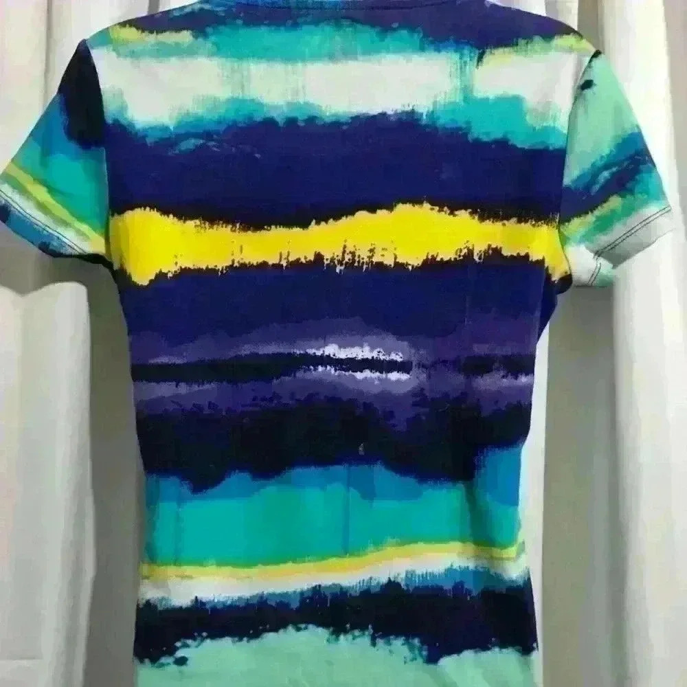 ANNE KLEIN SPORT 2for 1 Watercolor Stripe Split Neck Tee AND purple splash - Picture 5 of 13